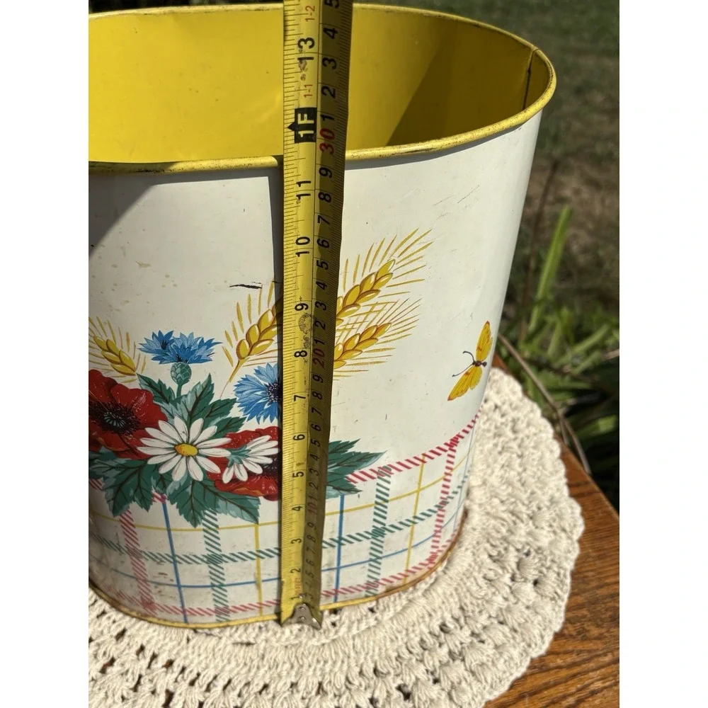 Vtg Mid Century Metal Trash Can Waste Basket Yellow Red White Floral Plaid 11.5